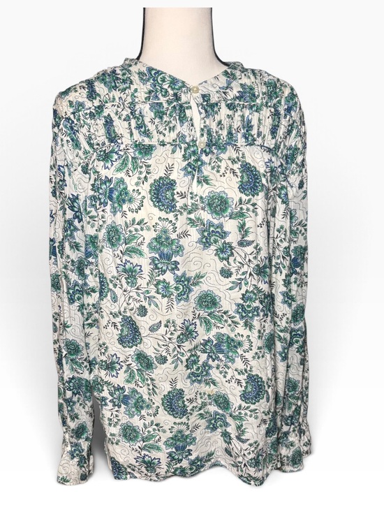 LOFT Tops - Loft Garden Floral Top Women S Green Blue Long Sleeve Shirred Yoke